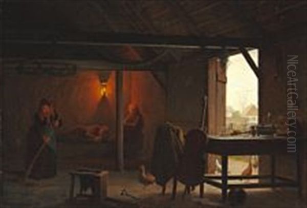 Morning In The Barn After A Party Oil Painting by Johann Julius Exner