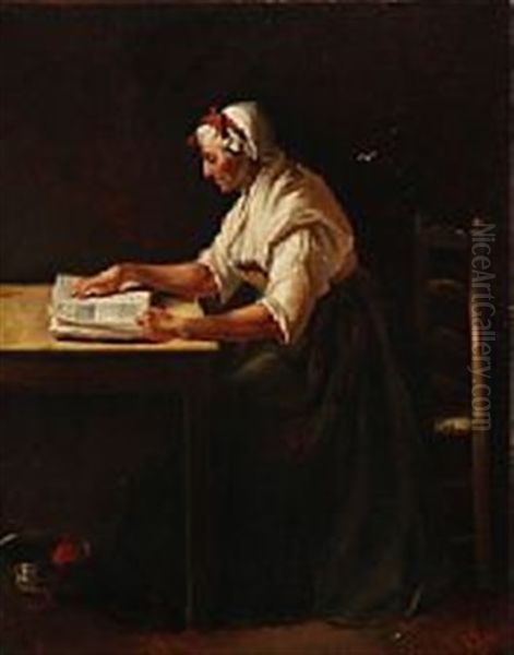 A Peasant Woman Reading In The Evening Oil Painting by Johann Julius Exner