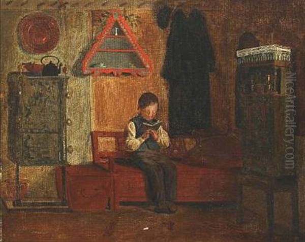 Boy Reading In An Interior Oil Painting by Johann Julius Exner