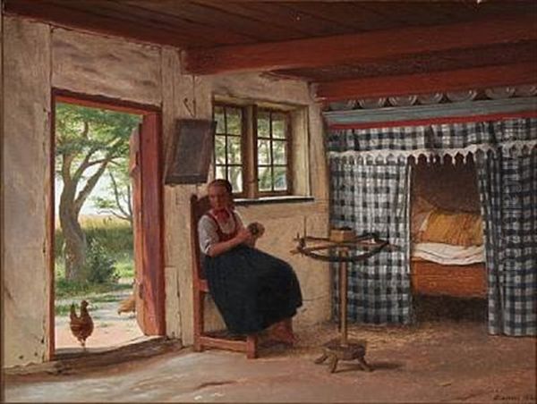 Interior Of A Peasant's Cottage With A Young Girl At The Wool Winder, In The Vicinity Of Hedebo Oil Painting by Johann Julius Exner