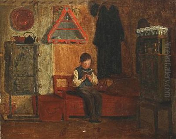 Reading Boy In An Interior Oil Painting by Johann Julius Exner