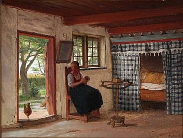 Interior From A Peasant's Cottage With A Young Girl At The Wool Winder, In The Vicinity Of Hedebo Oil Painting by Johann Julius Exner