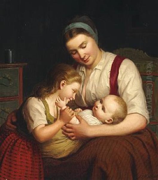 Moderen Har Paa Skjodet Det Mindste Barn, Som Kjaertegnes Af Det Storre Oil Painting by Johann Julius Exner