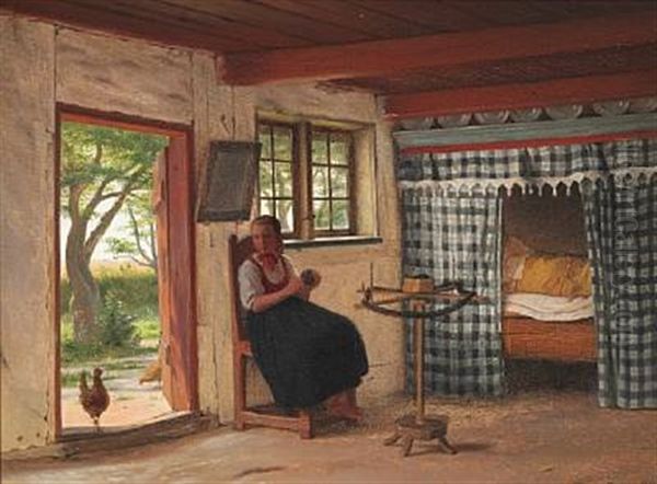 Interior From A Peasant's Cottage With A Young Girl At The Wool Winder, In The Vicinity Of Hedebo Oil Painting by Johann Julius Exner