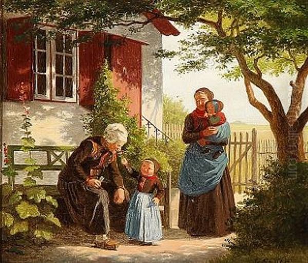 En Lille Pige, Der Lader En Gammel Mand Lugte Til En Rose Oil Painting by Johann Julius Exner