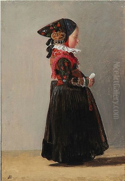 A Little Girl In Her National Costume From Amager Island, Presumably Grith Geert Jansensdatter Oil Painting by Johann Julius Exner