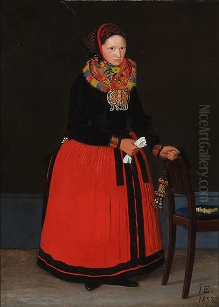 Trein Chrilles Bachersdatter In Her Church Costume From Amager Island Oil Painting by Johann Julius Exner