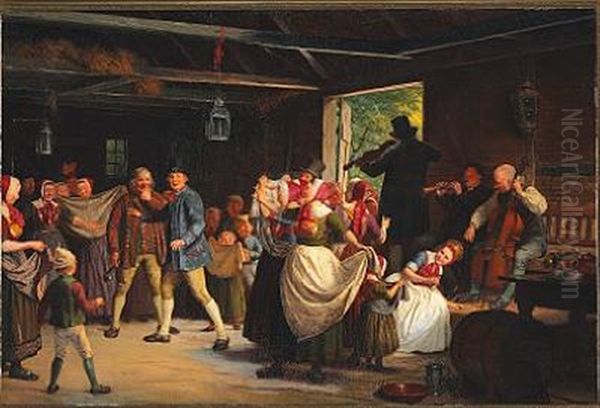 Brudgommen Soger Efter Bruden, Som Pigerne Prove Paa At Skjule. Gammel Folkeskik Ved Bondebryllupper I Danmark. - Scenen Fra Hedeboegnen, Taenkt Omtrent 50 Aar Tilbage I Tiden Oil Painting by Johann Julius Exner