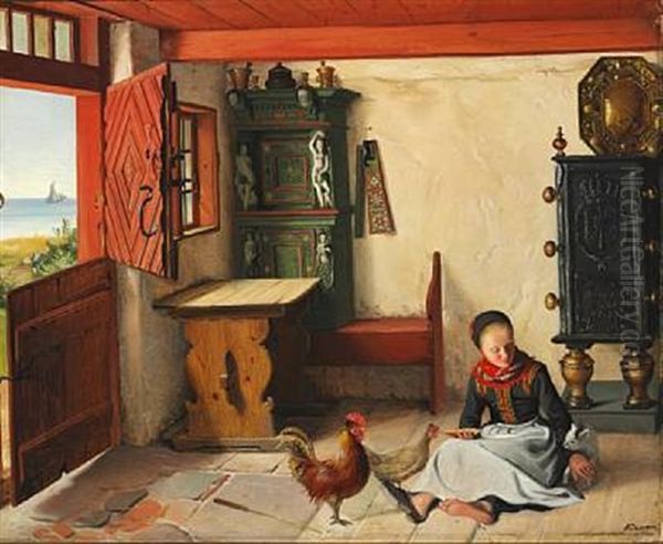 Interior From Fano With A Girl Playing With A Kitten. In The Background A Ship On The Sea by Johann Julius Exner