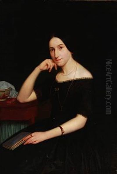 Lady Moltke In A Black Dress At A Table Oil Painting by Johann Julius Exner