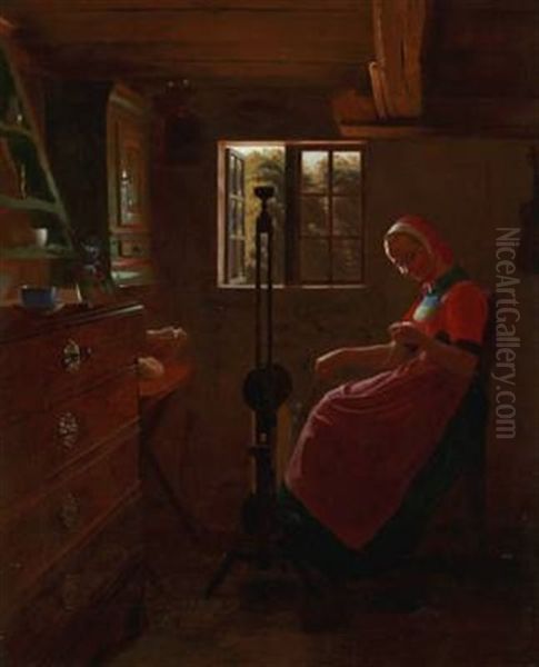 Peasant Interior With A Young Woman At The Spinning Wheel, Zealand Oil Painting by Johann Julius Exner