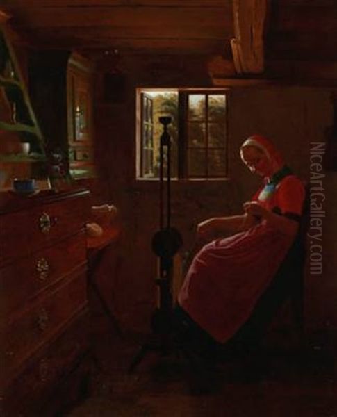 Peasant Interior With A Young Woman At The Spinning Wheel, Zealand Oil Painting by Johann Julius Exner