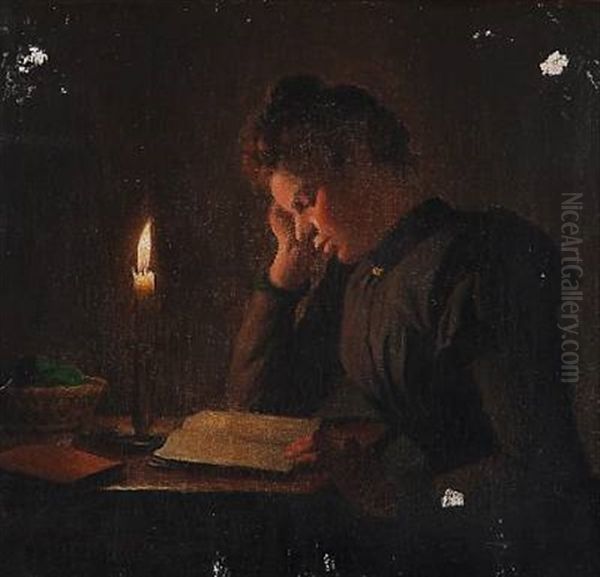 A Lady Reading A Book By A Candle Oil Painting by Johann Julius Exner