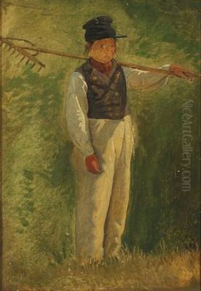 Boy With A Rake Oil Painting by Johann Julius Exner