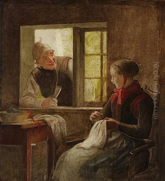 En Passiar (old Man And Young Woman In Conversation, Amager) (study) Oil Painting by Johann Julius Exner