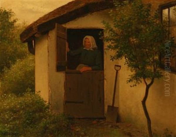 An Old Woman In The Doorway Of A Farmhouse Oil Painting by Johann Julius Exner