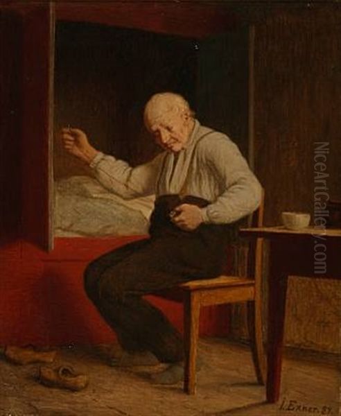 A Man Is Sewing On A Button Oil Painting by Johann Julius Exner