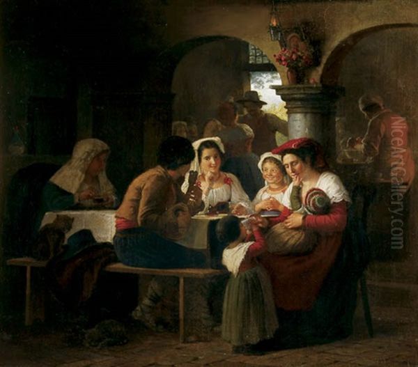 Meal Time Gathering Oil Painting by Johann Julius Exner