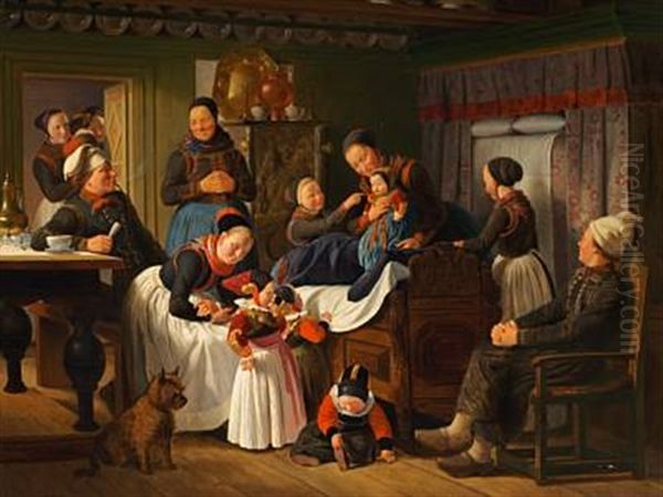 The Little Cousins Are Visiting The Newborn Oil Painting by Johann Julius Exner