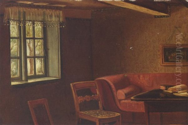 Interior Fra En Bondestue Med Stol, Bord Og Rod Sofa Oil Painting by Johann Julius Exner