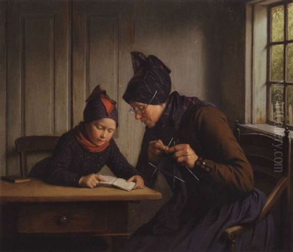 En Lille Fanopige Laerer At Laese Oil Painting by Johann Julius Exner