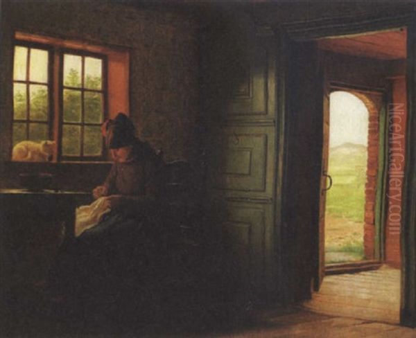 Interior Med Kvinde Der Syer Samt Hvid Kat I Vinduet Oil Painting by Johann Julius Exner