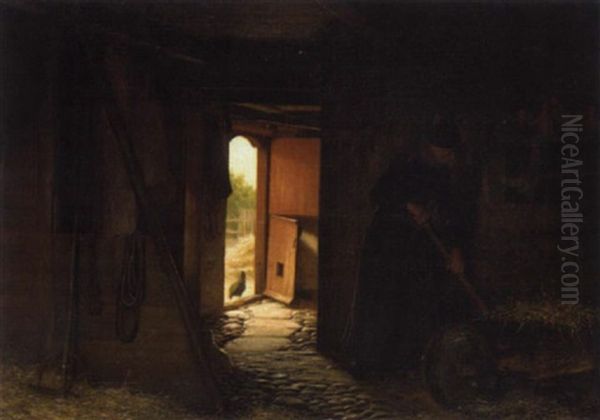 Frau Im Huhnerstall Oil Painting by Johann Julius Exner