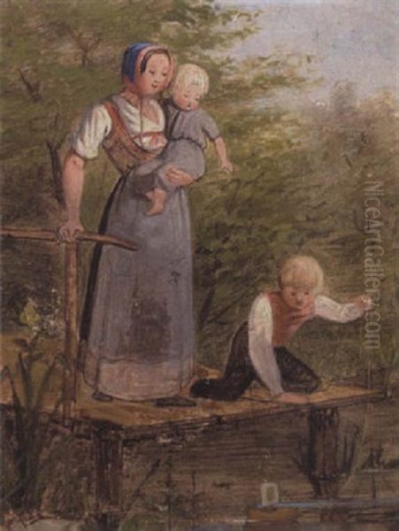 Mor Og To Born Pa En Badebro Oil Painting by Johann Julius Exner