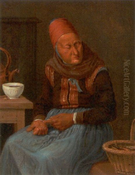 Interior Med Gammel Kone I Egnsdragt, Der Saelger Fisk Oil Painting by Johann Julius Exner