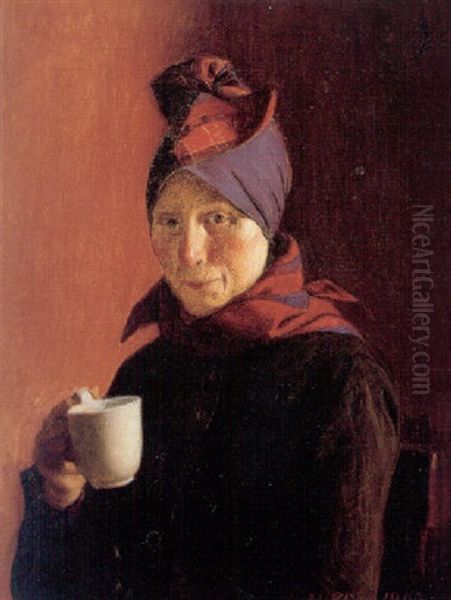 En Fanokone Drikker Kaffe Oil Painting by Johann Julius Exner