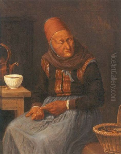 Interior Med Gammel Kone I Egnsdragt, Der Saelger Fisk Oil Painting by Johann Julius Exner