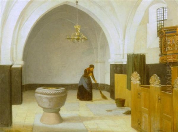 Kirkeinterior Fra Taarnby Kirke Med Kvinde, Der Fejer Gulvet Under Korbuen Oil Painting by Johann Julius Exner