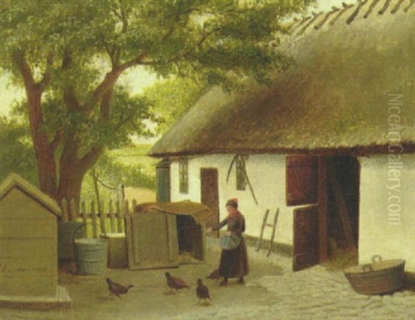 En Amagerpige Fodrer Honsene Pa Gardspladsen Oil Painting by Johann Julius Exner