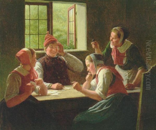 Kortspil I Bondestuen Oil Painting by Johann Julius Exner