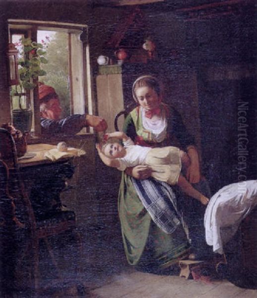 Interior Med Mor Og Barn, Der Far Besog Af Bedstefar Oil Painting by Johann Julius Exner