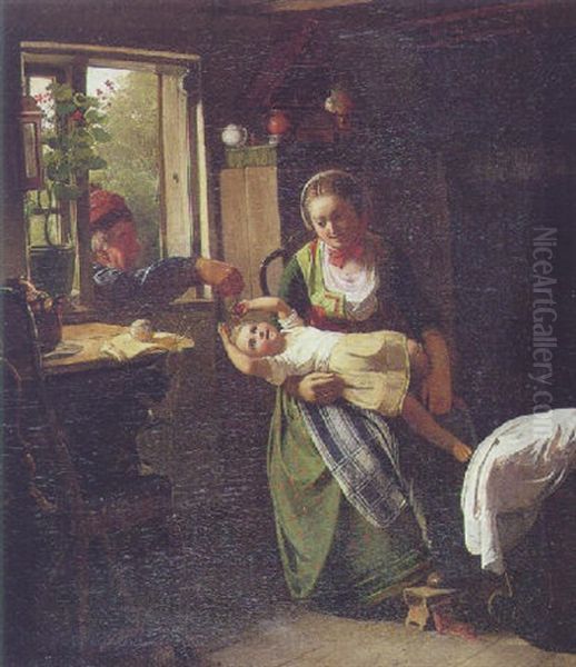 Interior Med Mor Og Barn, Der Far Besog Af Bedstefar Oil Painting by Johann Julius Exner