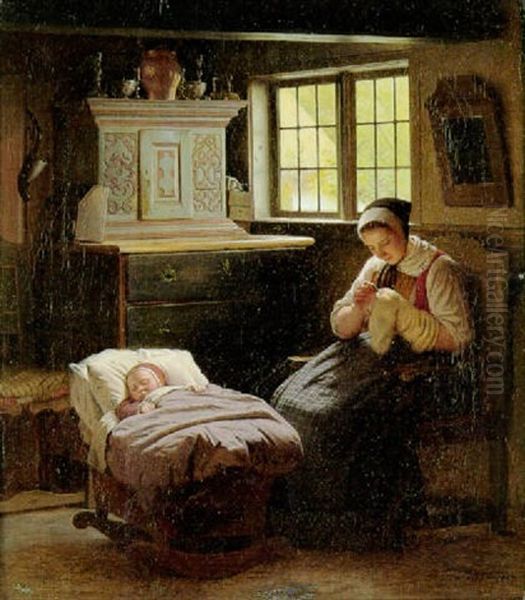 Amagerinterior Med Ung Mor Ved Sit Bans Vugge Oil Painting by Johann Julius Exner