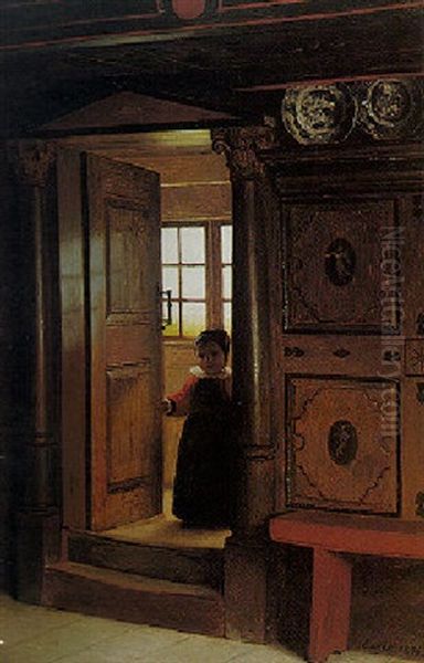 A Little Girl In A Doorway Oil Painting by Johann Julius Exner