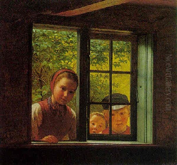 Through The Window Oil Painting by Johann Julius Exner