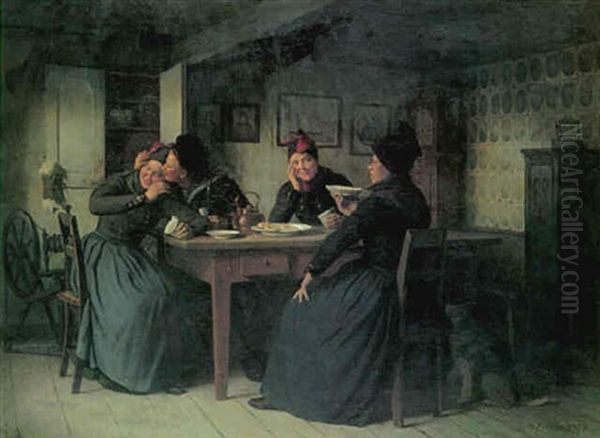 Interior Med Somand, Der Gor Kur Til En Ung Pige Oil Painting by Johann Julius Exner