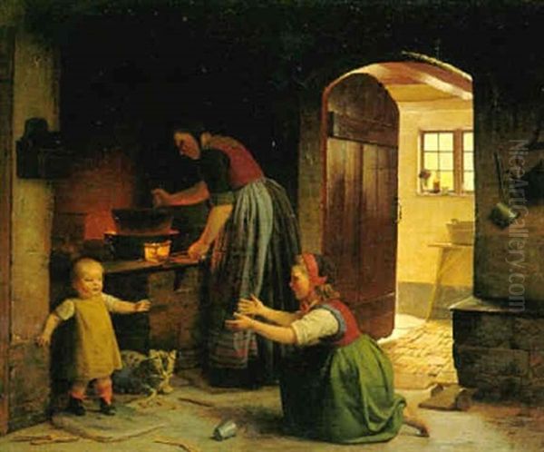 Kokkeninterior Med Mor, Der Laver Mad Til Sine O Born Oil Painting by Johann Julius Exner