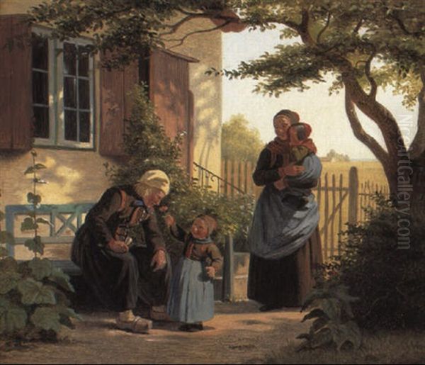 En Lille Pige Lader En Gammel Mand Lugte Til En Rose Oil Painting by Johann Julius Exner