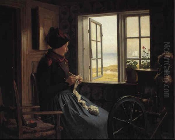 En Pige Med Sit Haeklet+j Ved Et +bentst+ende Vindue Oil Painting by Johann Julius Exner