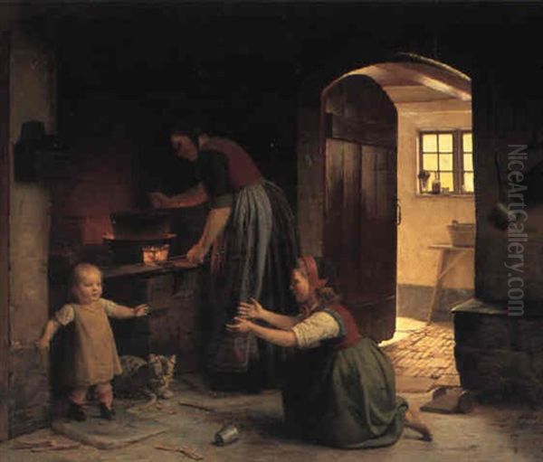 K+kkeninterior Med Mor Der Laver Mad Til Sine To Born Oil Painting by Johann Julius Exner