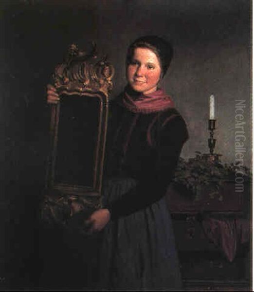 Interior Med Ung Pige I Amagerdragt, I Handen Holder Hun Et Rococospejl Oil Painting by Johann Julius Exner