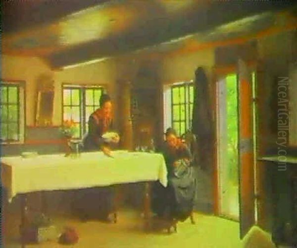 'der Ventes Fremmede' Interior Med To Piger Som Daekker Bord Oil Painting by Johann Julius Exner