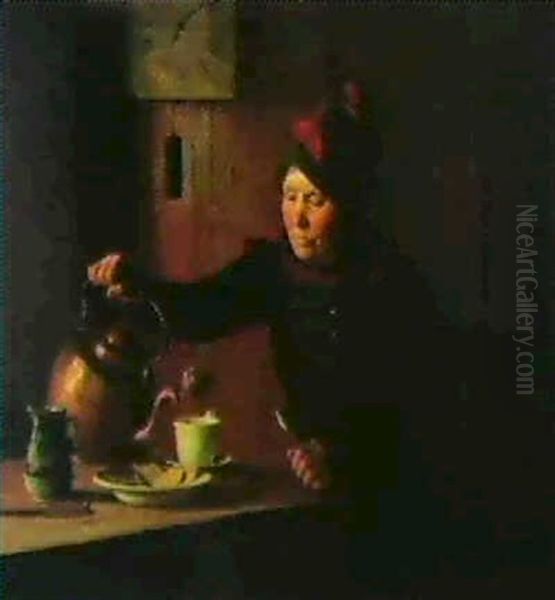 Interior Med Bondekone Ved Kaffebordet Oil Painting by Johann Julius Exner