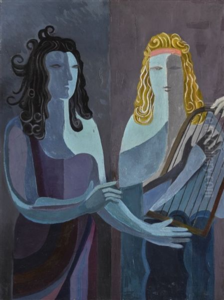 Two Women With A Lyre Oil Painting by Alexandra Exter