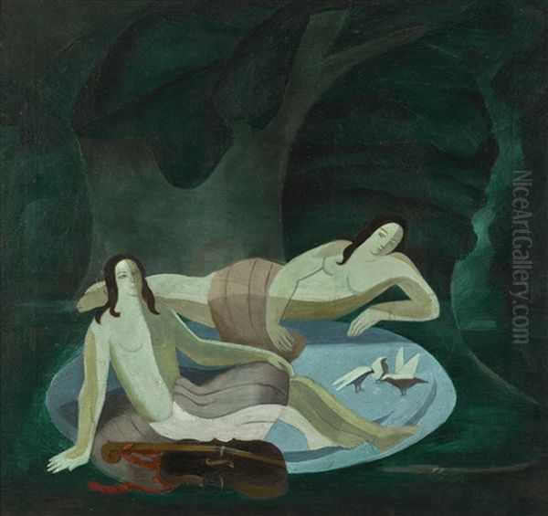 Nudes In An Emerald Forest With Cello Oil Painting by Alexandra Exter