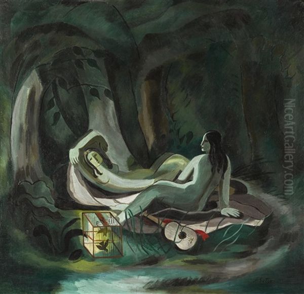 Nudes In An Emerald Forest With Guitar Oil Painting by Alexandra Exter